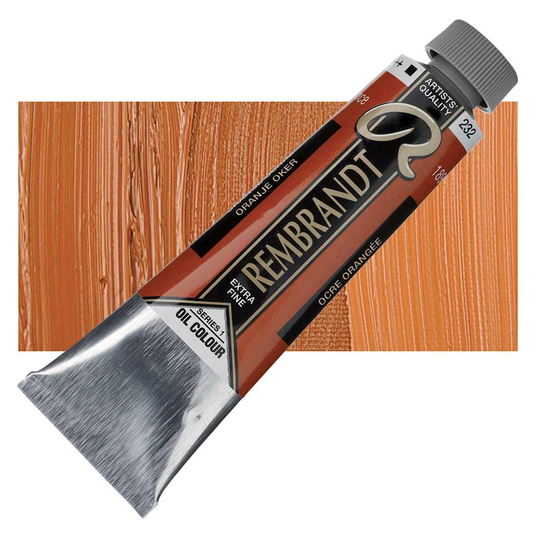 Open in modal - Rembrandt Artists' Oil Color - Orange Ochre, 40 ml tube and swatch
