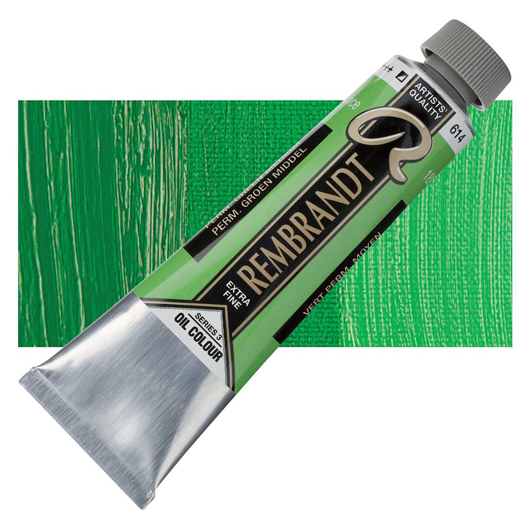 Open in modal - Rembrandt Artists' Oil Color - Permanent Green Medium, 40 ml tube and swatch