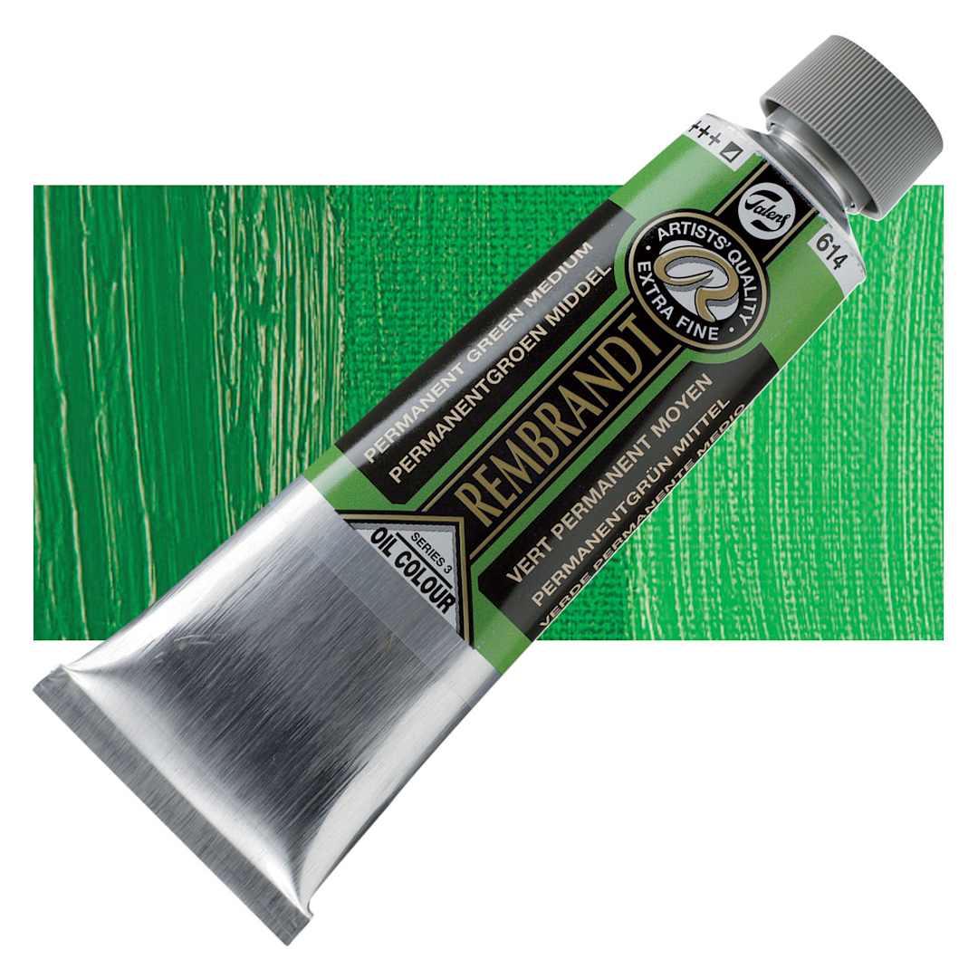 Open in modal - Rembrandt Artists' Oil Color - Permanent Green Medium, 150 ml tube and swatch