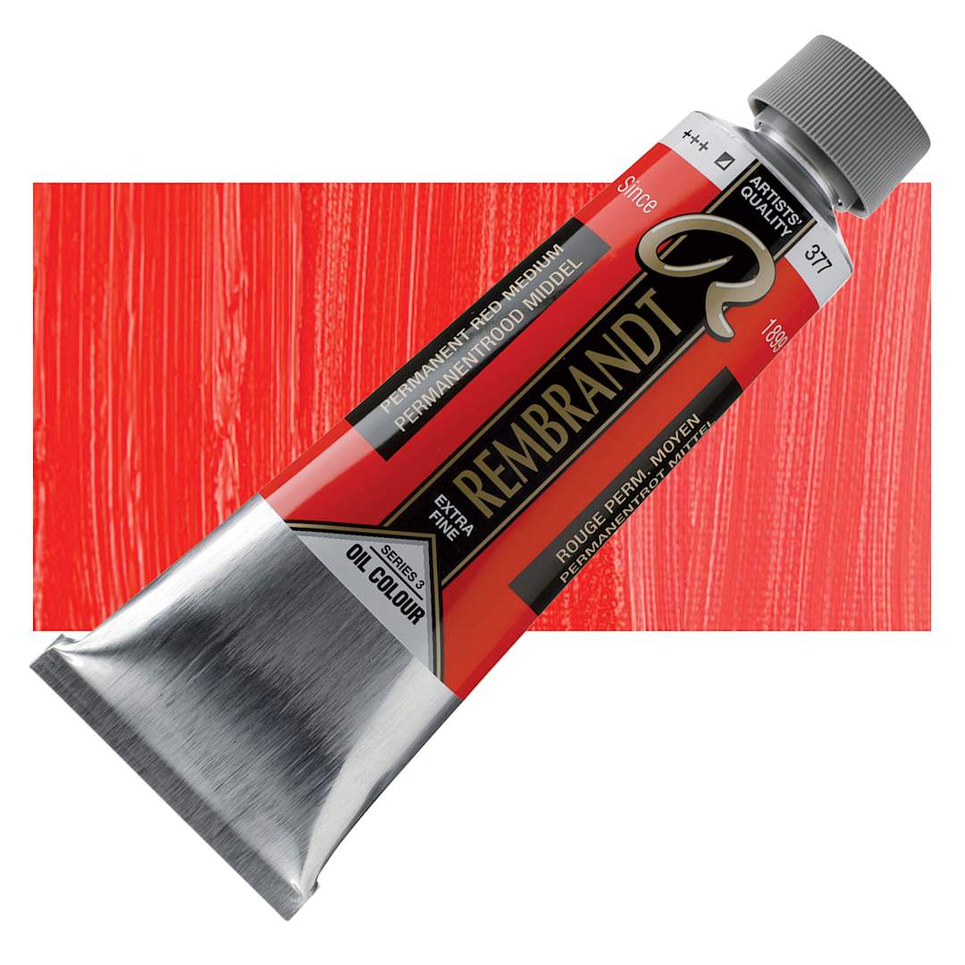 Open in modal - Rembrandt Artists' Oil Color - Permanent Red Medium, 150 ml tube and swatch