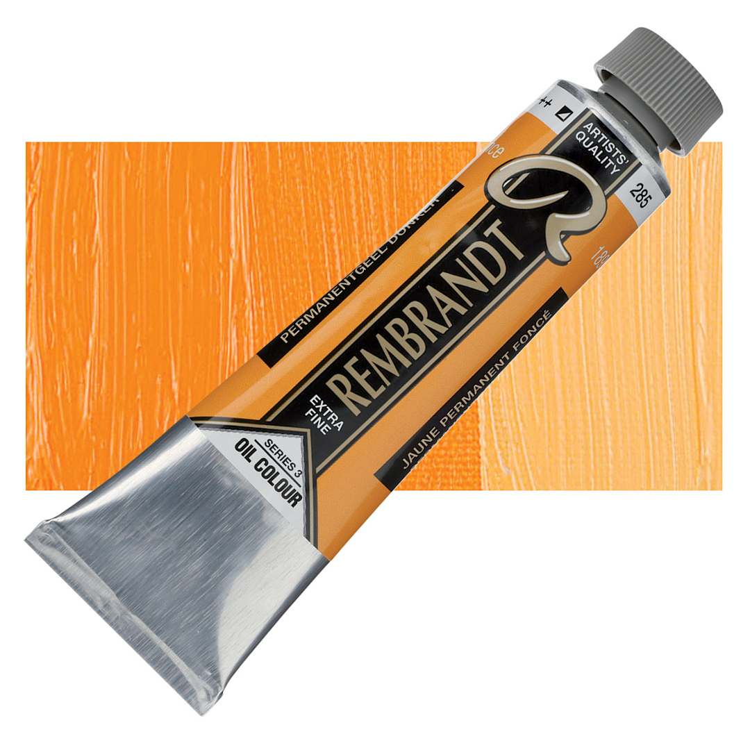 Open in modal - Rembrandt Artists' Oil Color - Permanent Yellow Deep, 40 ml tube and swatch
