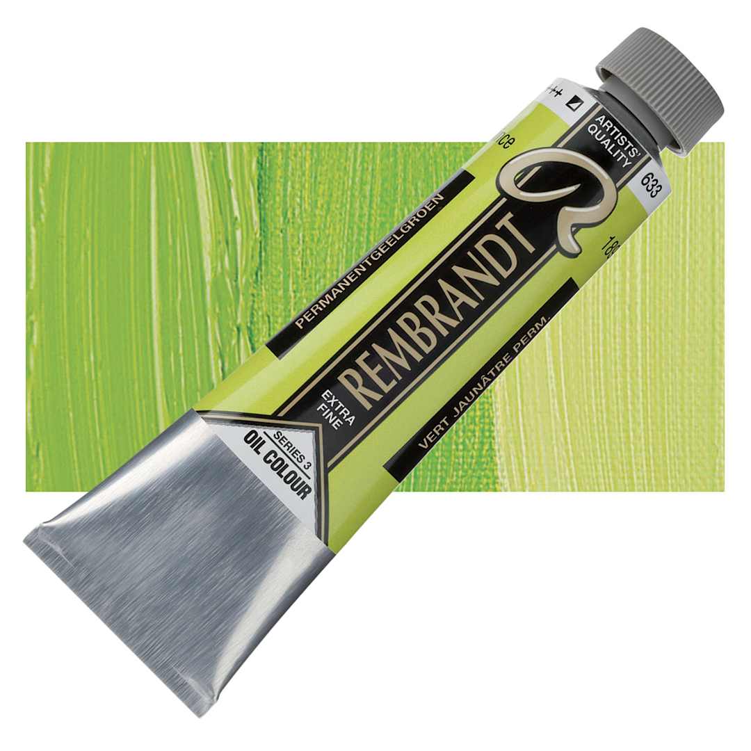 Open in modal - Rembrandt Artists' Oil Color - Permanent Yellowish Green, 40 ml tube and swatch