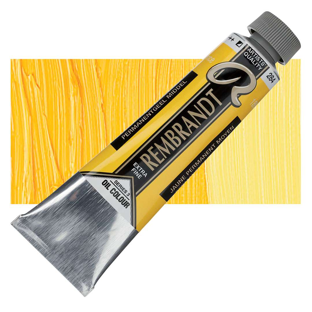 Open in modal - Rembrandt Artists' Oil Color - Permanent Yellow Medium, 40 ml tube and swatch