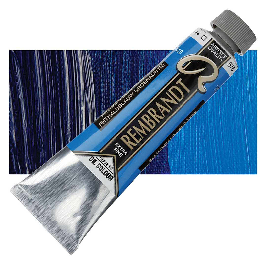 Open in modal - Rembrandt Artists' Oil Color - Phthalo Blue Greenish, 40 ml tube and swatch