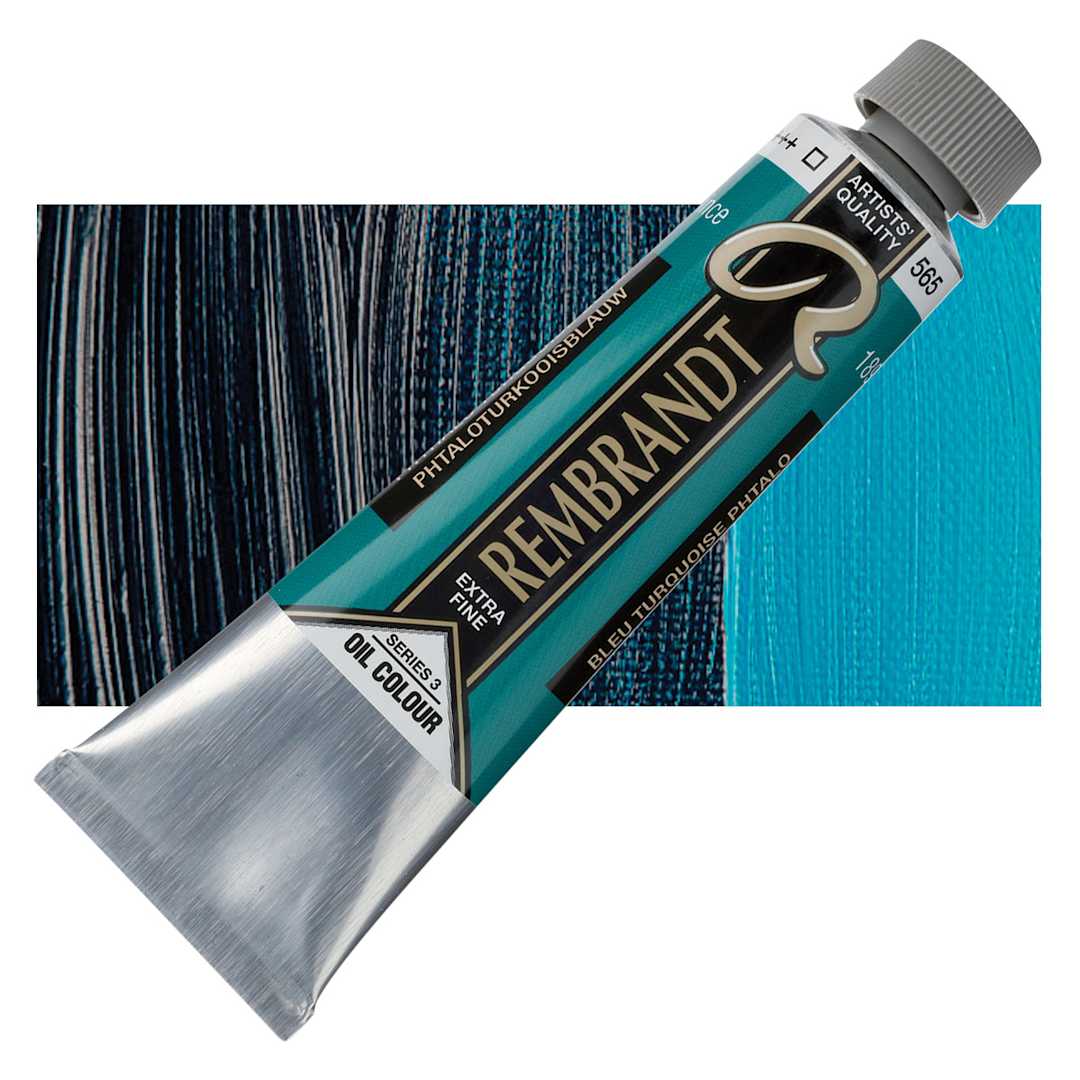 Open in modal - Rembrandt Artists' Oil Color - Phthalo Turquoise Blue, 40 ml tube and swatch