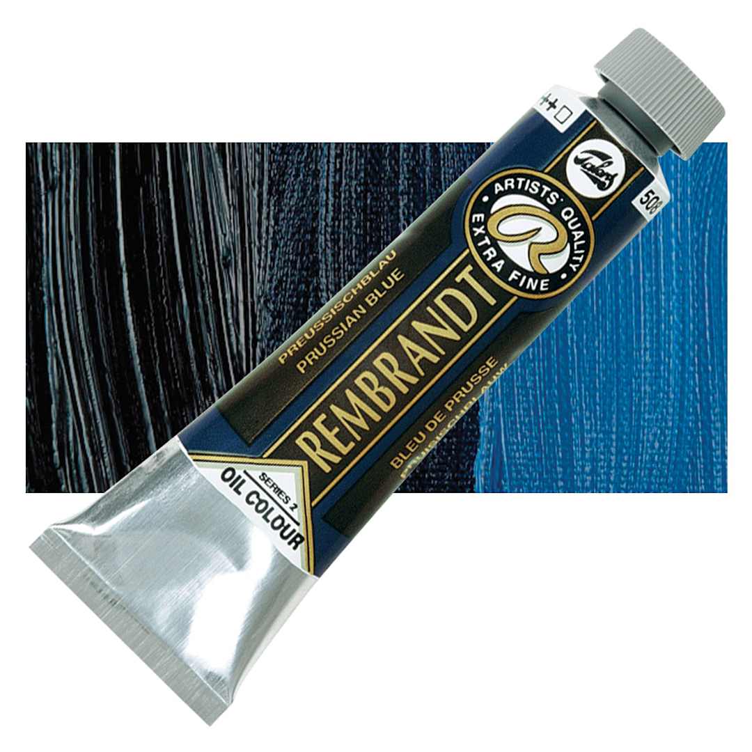 Open in modal - Rembrandt Artists' Oil Color - Prussian Blue, 40 ml tube and swatch
