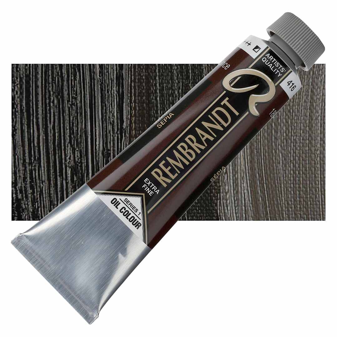 Open in modal - Rembrandt Artists' Oil Color - Sepia, 40 ml tube and swatch