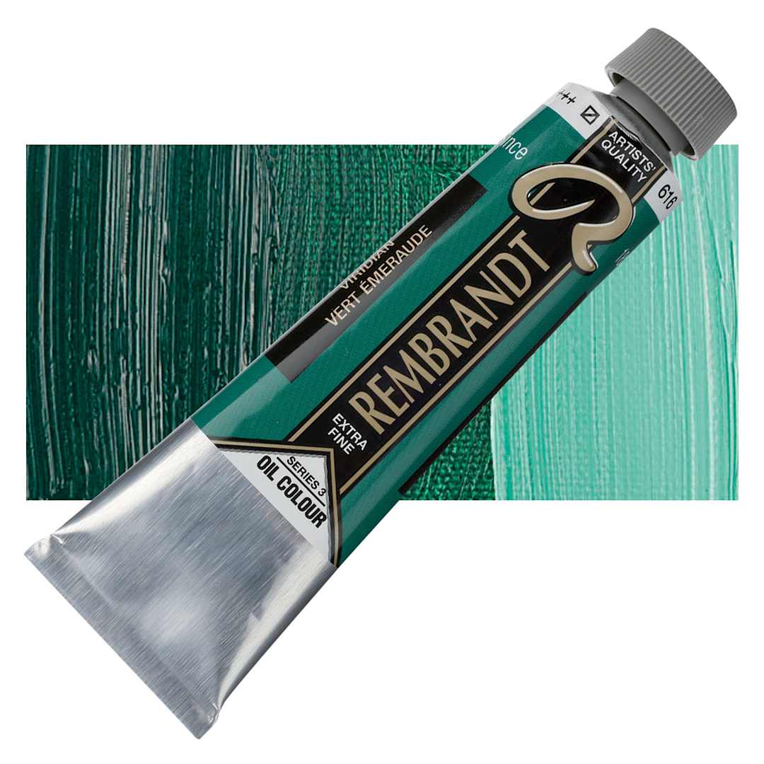 Open in modal - Rembrandt Artists' Oil Color - Viridian, 40 ml tube and swatch