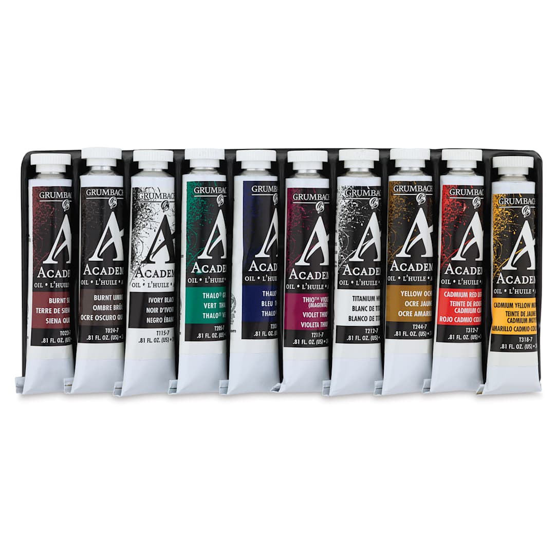 Open in modal - Grumbacher Academy Oil Color Sets - 10 pc set of 24 ml tubes in open tray
