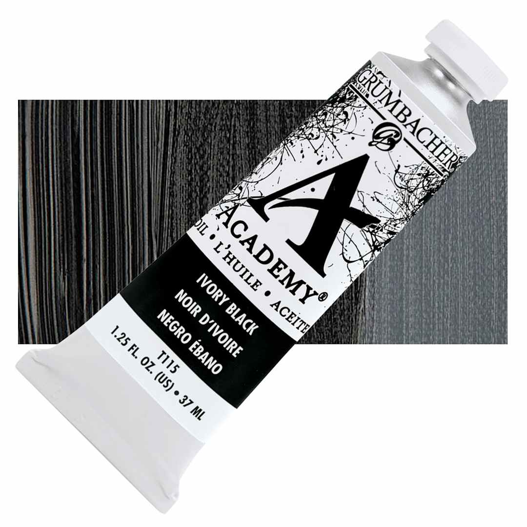 Open in modal - Grumbacher Academy Oil Color - Ivory Black, 37 ml tube and swatch