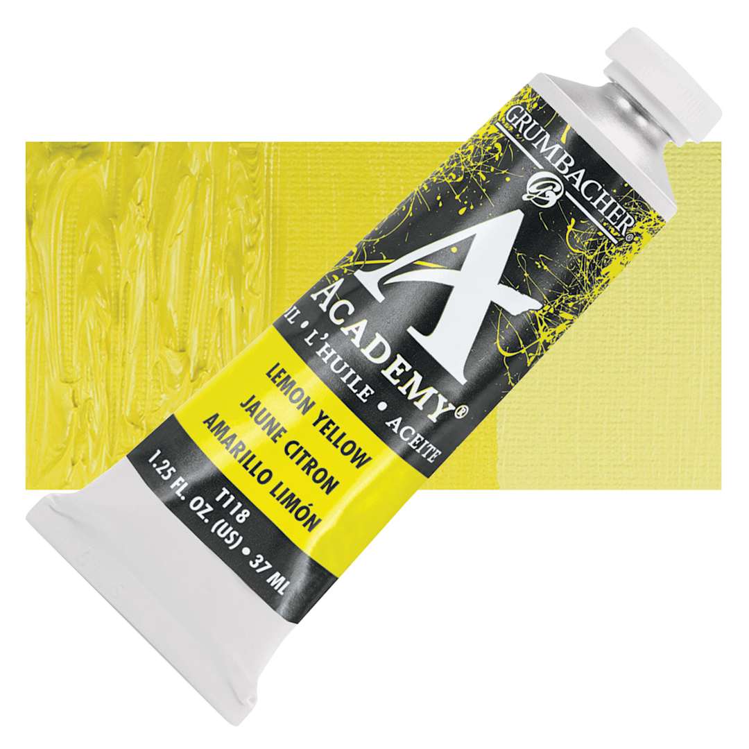 Open in modal - Grumbacher Academy Oil Color - Lemon Yellow, 37 ml tube and swatch