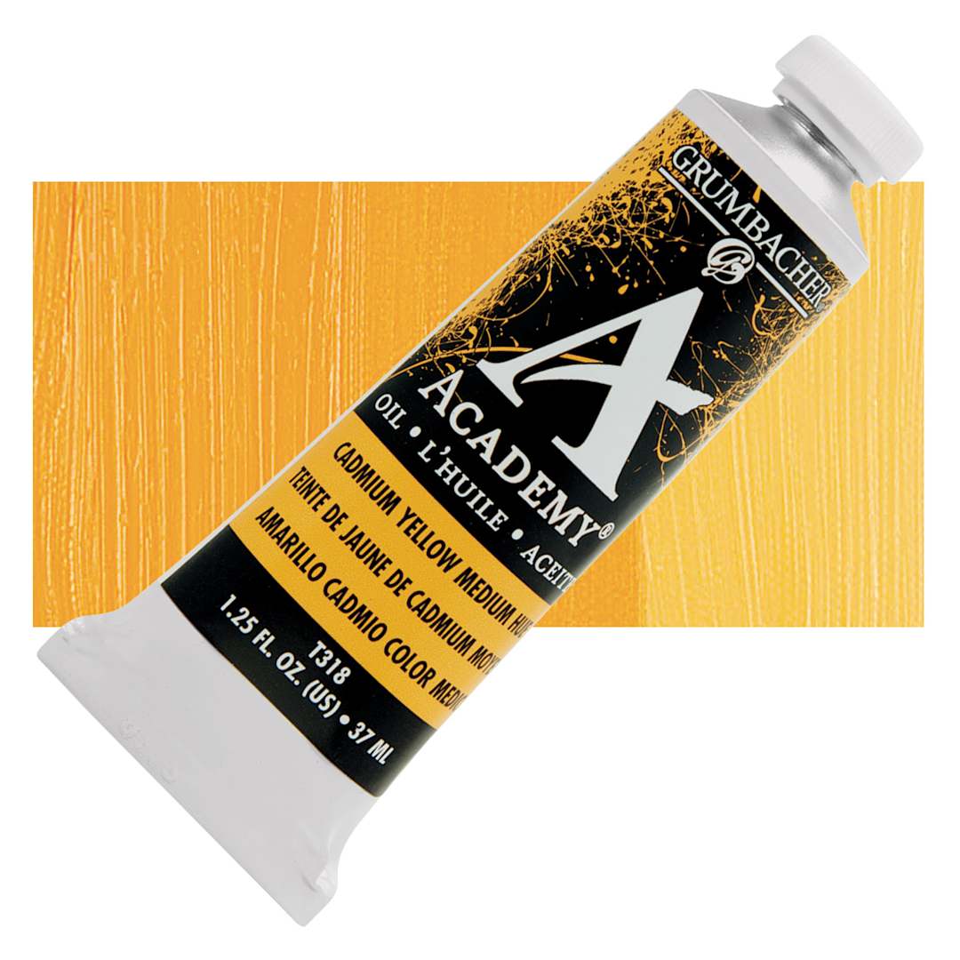 Open in modal - Grumbacher Academy Oil Color - Cadmium Yellow Medium Hue, 37 ml tube and swatch