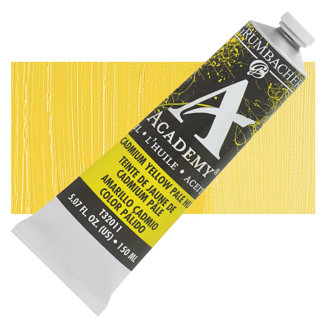 Open in modal - Grumbacher Academy Oil Color - Cadmium Yellow Pale Hue, 150 ml tube and swatch