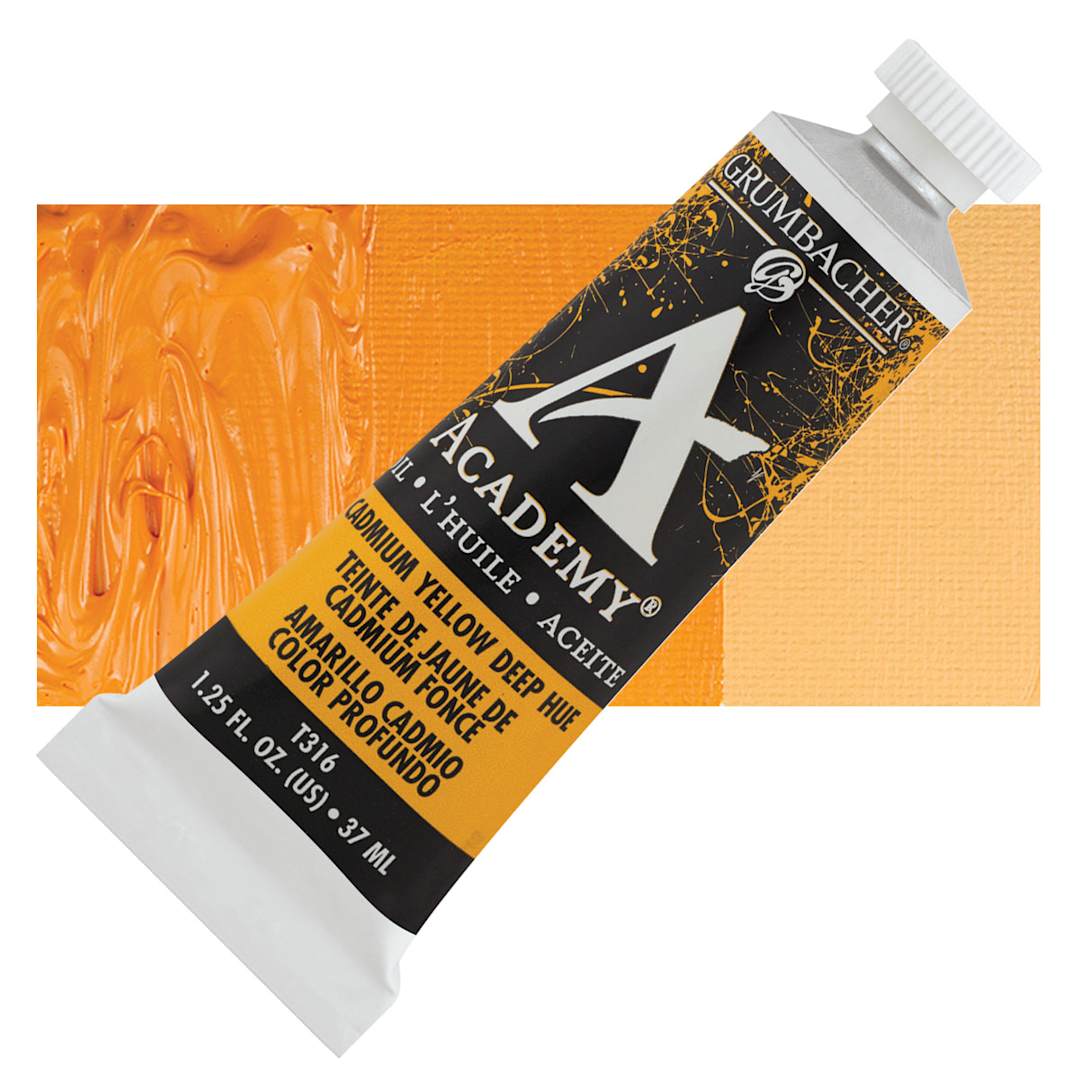 Open in modal - Grumbacher Academy Oil Color - Cadmium Yellow Deep Hue, 37 ml tube and swatch