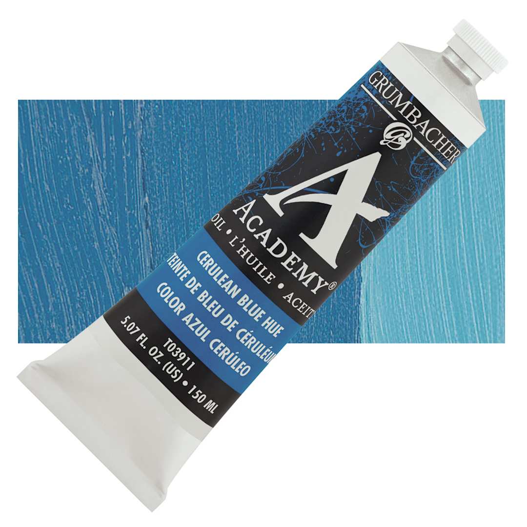 Open in modal - Grumbacher Academy Oil Color - Cerulean Blue Hue, 150 ml tube and swatch