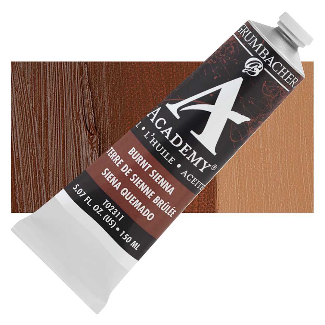 Open in modal - Grumbacher Academy Oil Color - Burnt Sienna, 150 ml tube and swatch