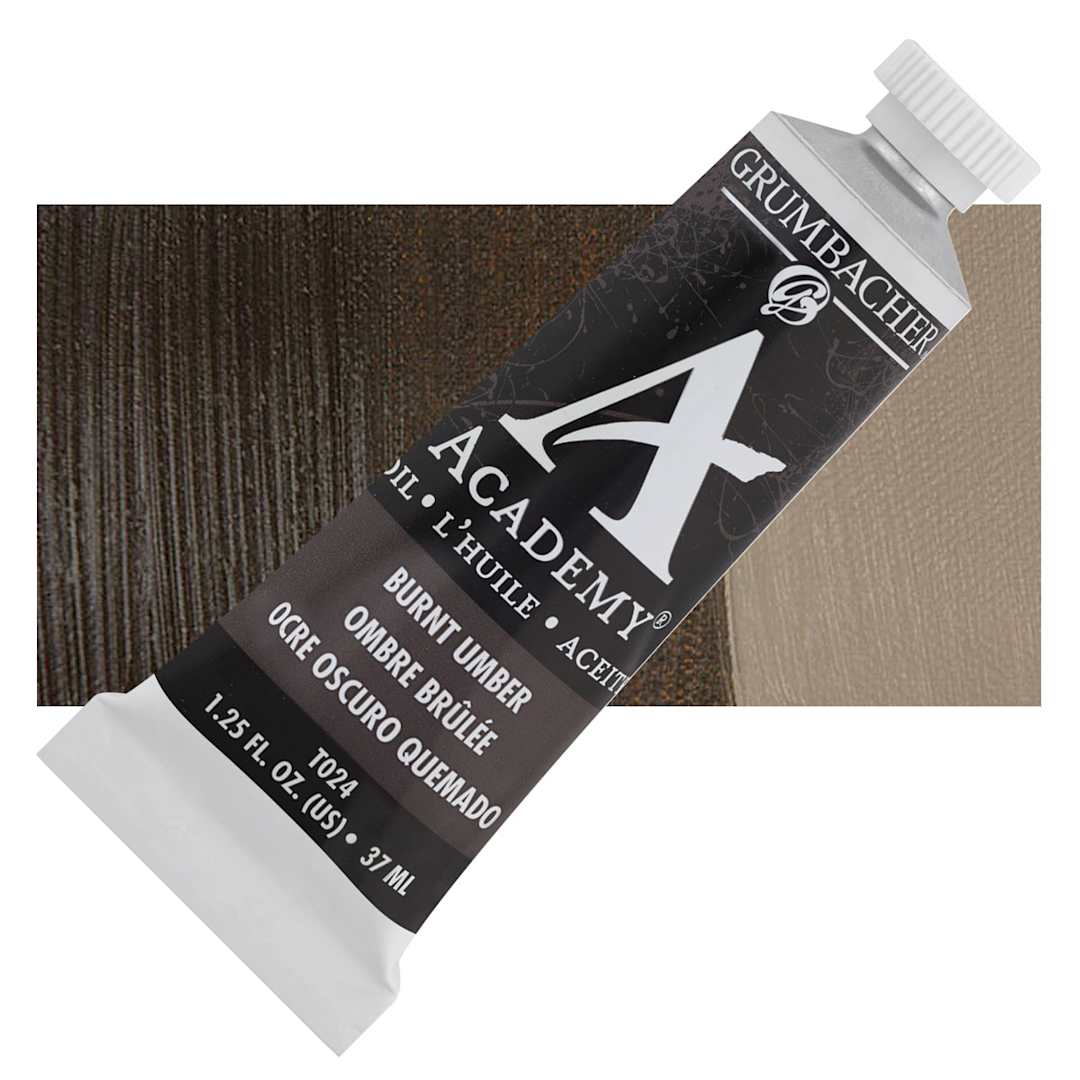 Open in modal - Grumbacher Academy Oil Color - Burnt Umber, 37 ml tube and swatch