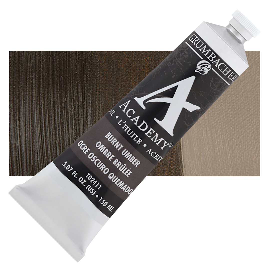 Open in modal - Grumbacher Academy Oil Color - Burnt Umber, 150 ml tube and swatch