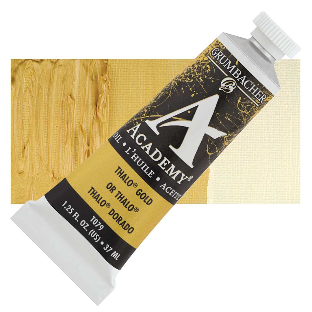 Open in modal - Grumbacher Academy Oil Color - Thalo Gold, 37 ml tube and swatch