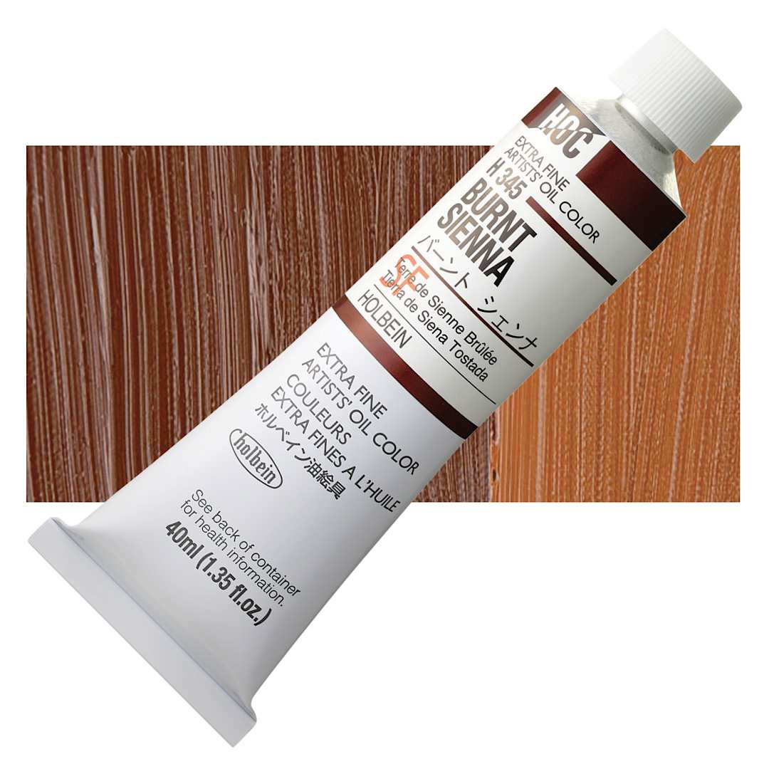 Open in modal - Holbein Artists' Oil Color - Burnt Sienna, 40 ml tube and swatch