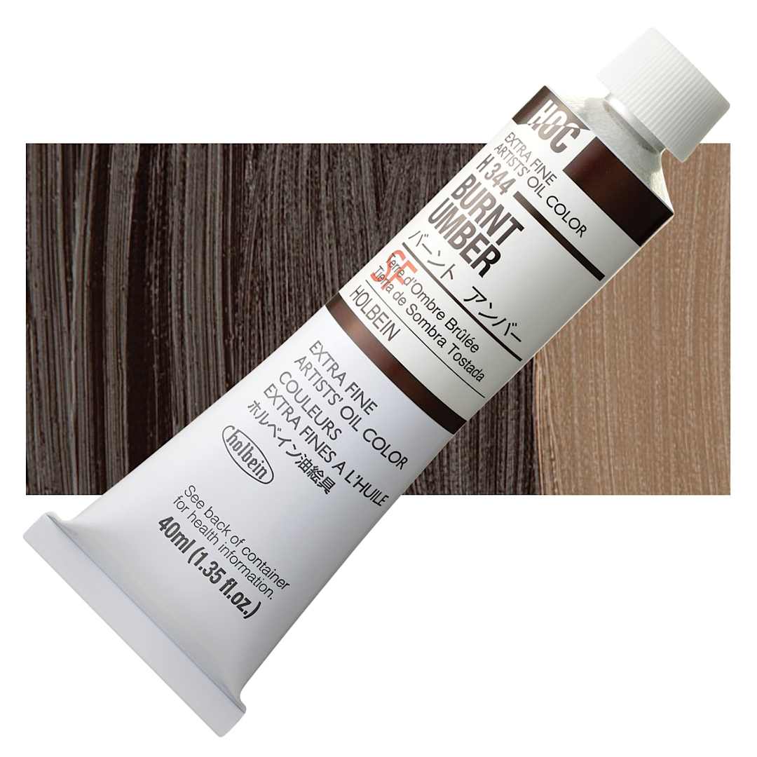 Open in modal - Holbien Artists' Oil Color - Burnt Umber, 40 ml tube and swatch