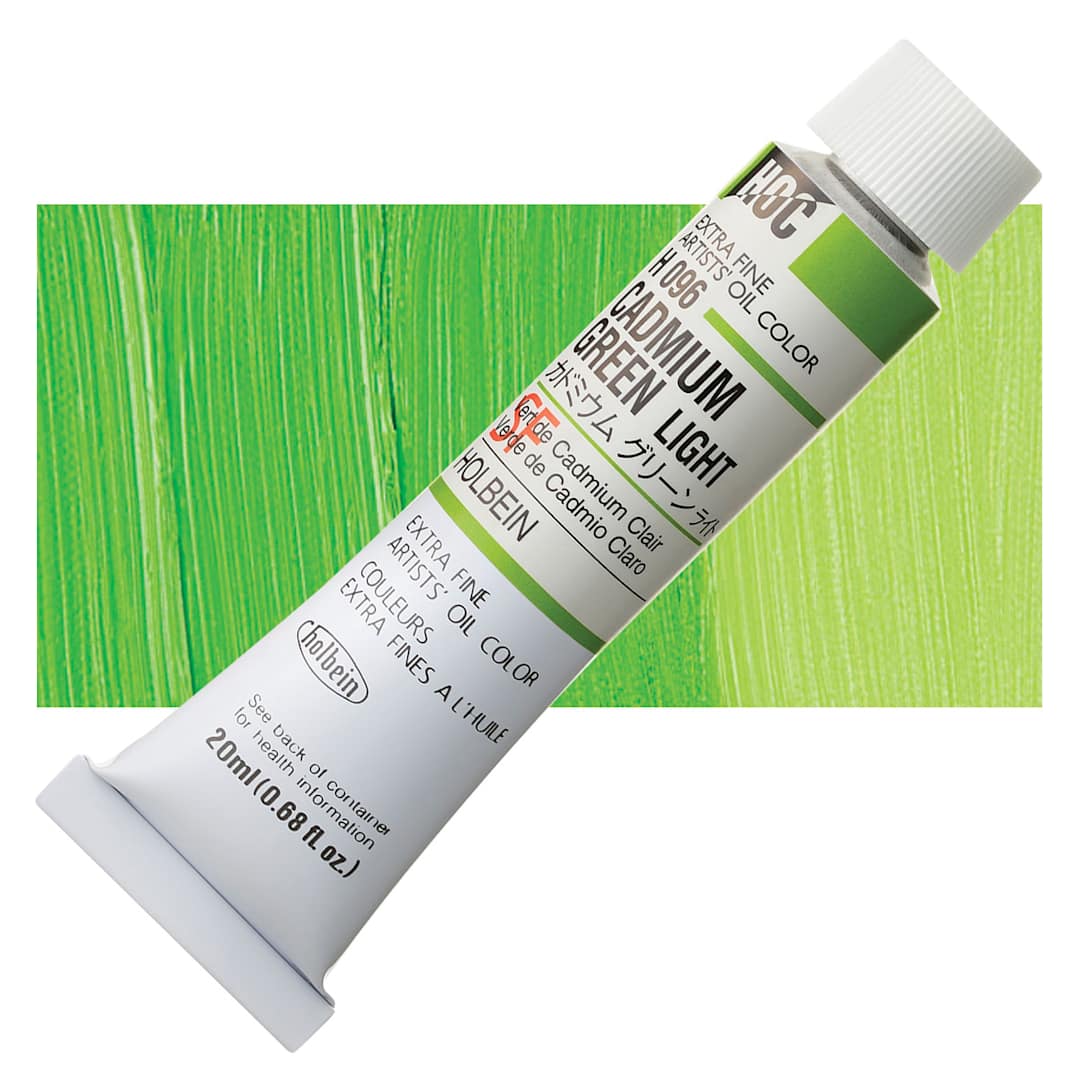 Open in modal - Holbein Artists' Oil Color - Cadmium Green Light, 20 ml tube and swatch