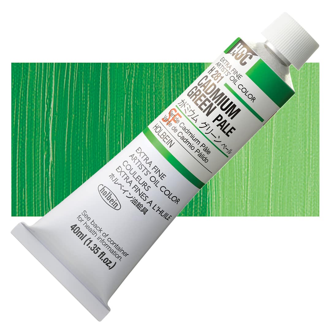Open in modal - Holbein Artists' Oil Color - Cadmium Green Pale, 40 ml tube and swatch