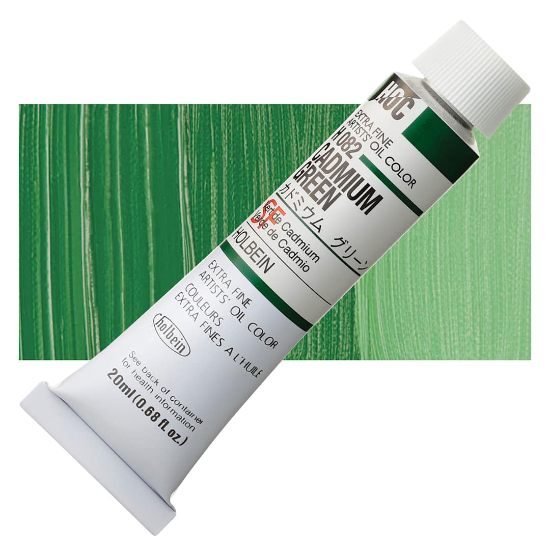 Open in modal - Holbein Artists' Oil Color - Cadmium Green, 20 ml tube and swatch
