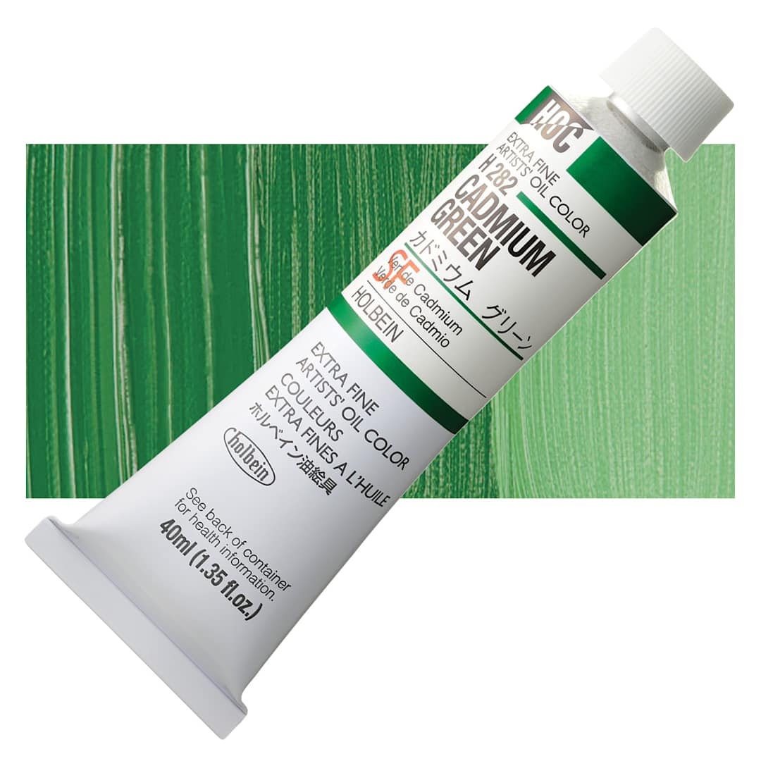 Open in modal - Holbein Artists' Oil Color - Cadmium Green, 40 ml tube and swatch