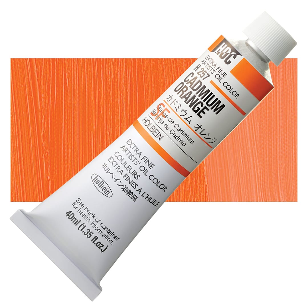 Open in modal - Holbien Artists' Oil Color - Cadmium Orange, 40 ml tube and swatch