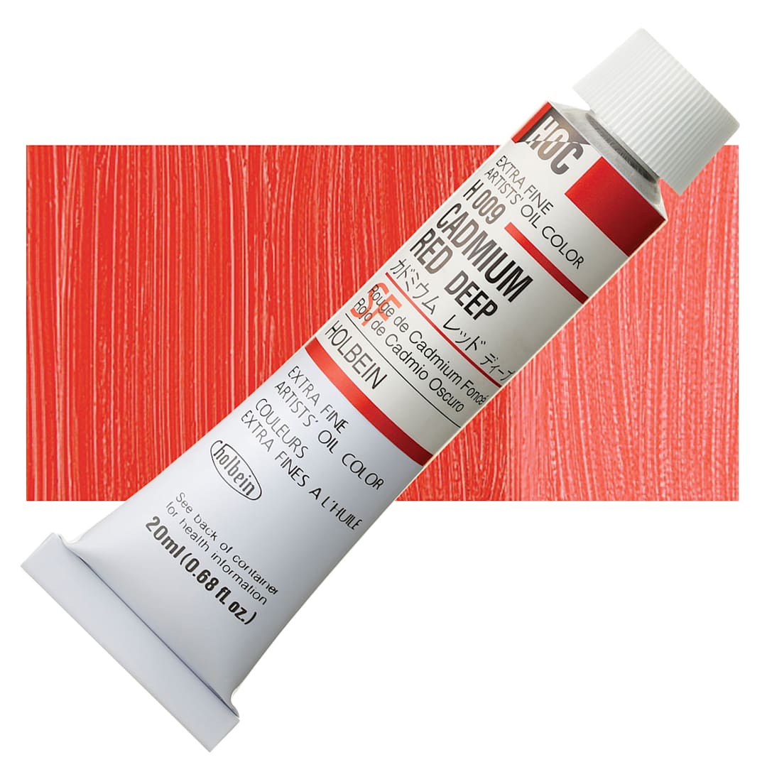 Open in modal - Holbein Artists' Oil Color - Cadmium Red Deep, 20 ml tube and swatch