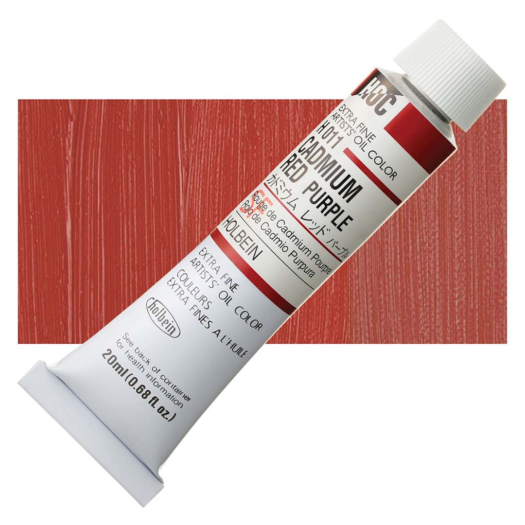 Open in modal - Holbein Artists' Oil Color - Cadmium Red Purple, 20 ml tube and swatch