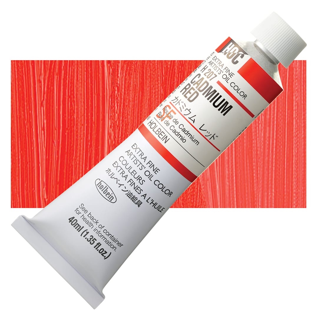 Open in modal - Holbein Artists' Oil Color - Cadmium Red, 40 ml tube and swatch