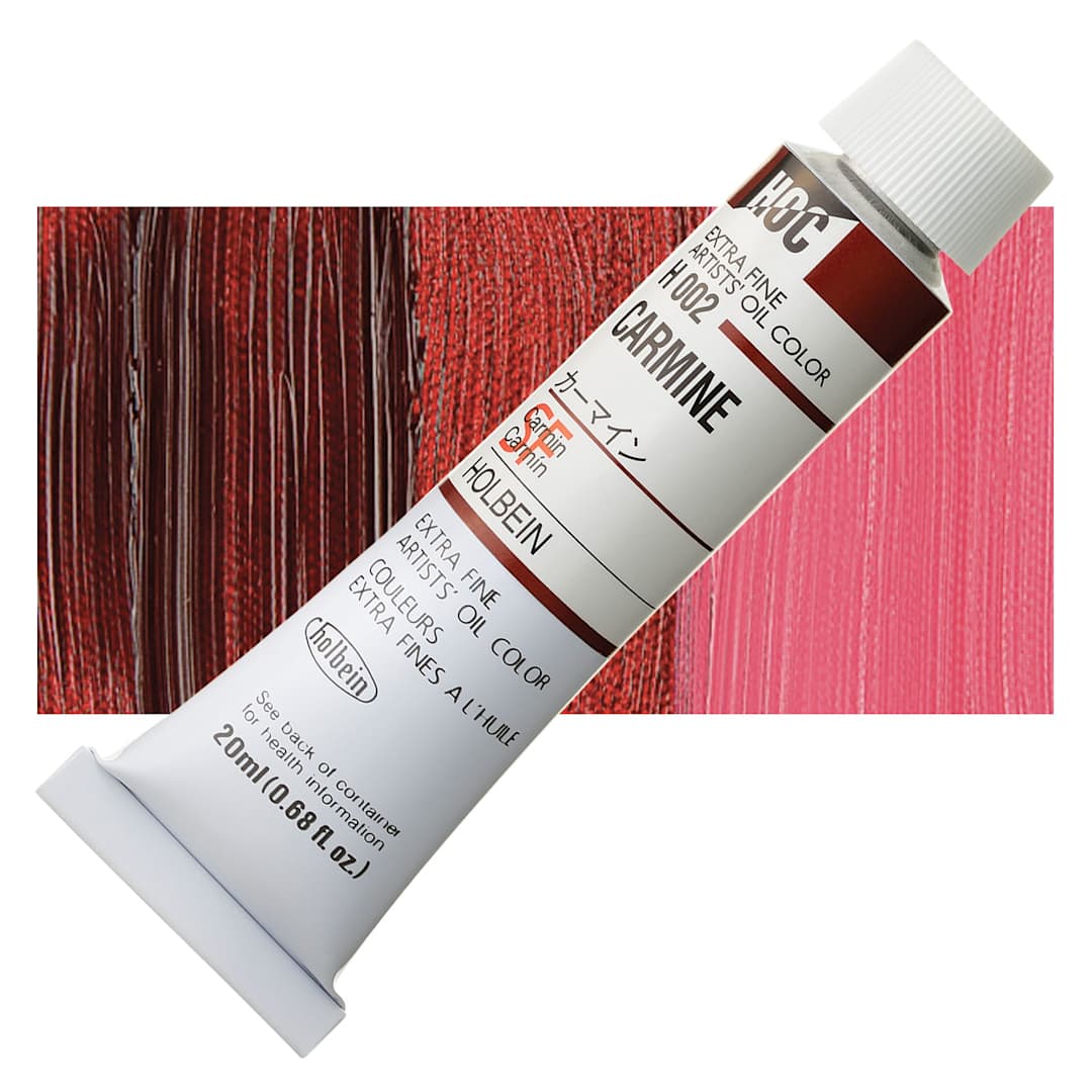 Open in modal - Holbein Artists' Oil Color - Carmine, 20 ml tube and swatch