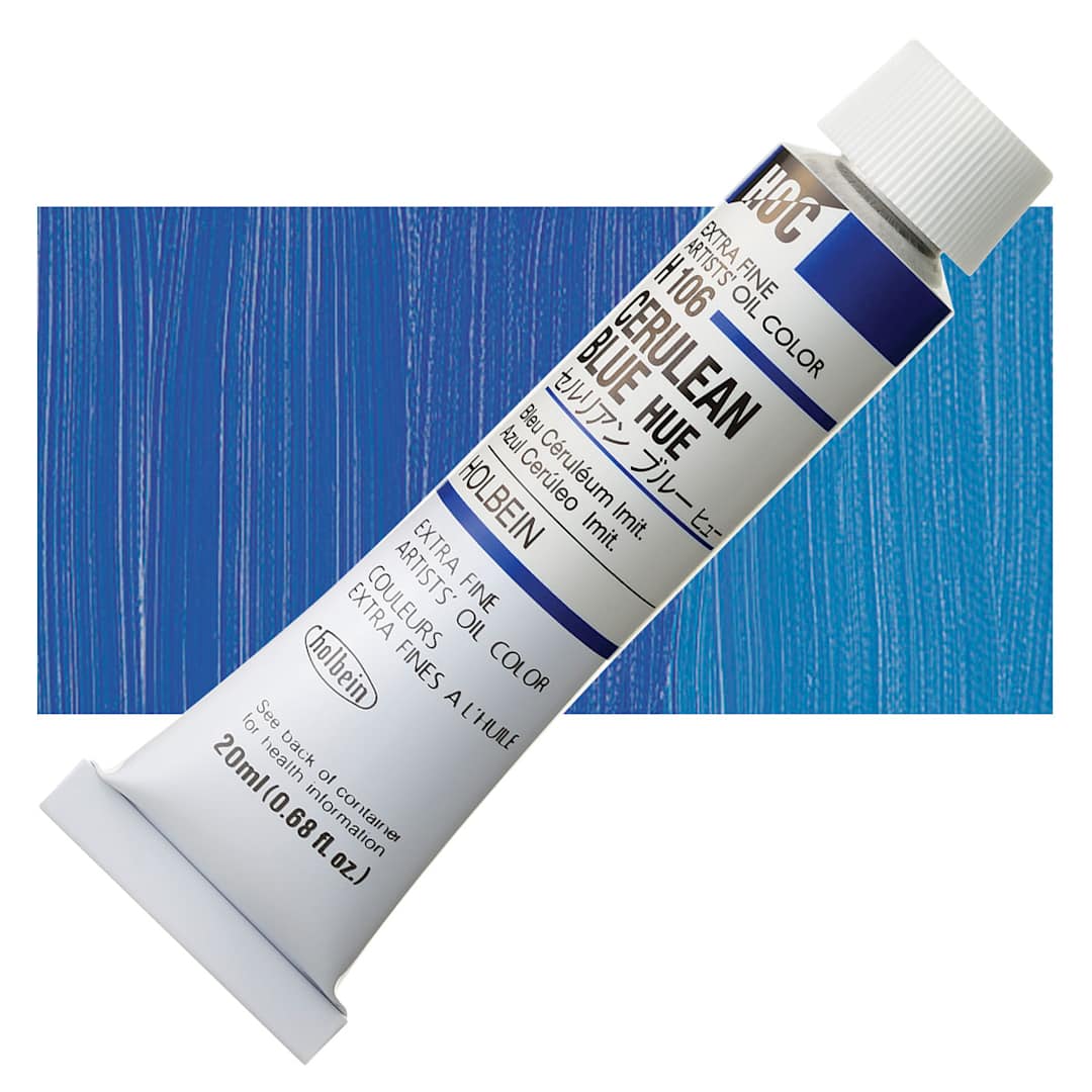 Open in modal - Holbein Artists' Oil Color - Cerulean Blue Hue, 20 ml tube and swatch