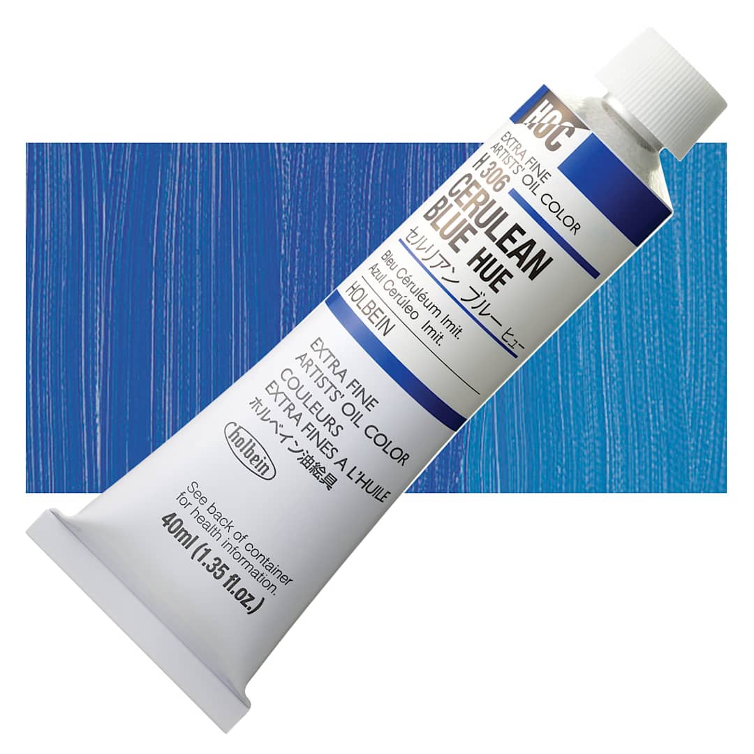 Open in modal - Holbein Artists' Oil Color - Cerulean Blue Hue, 40 ml tube and swatch