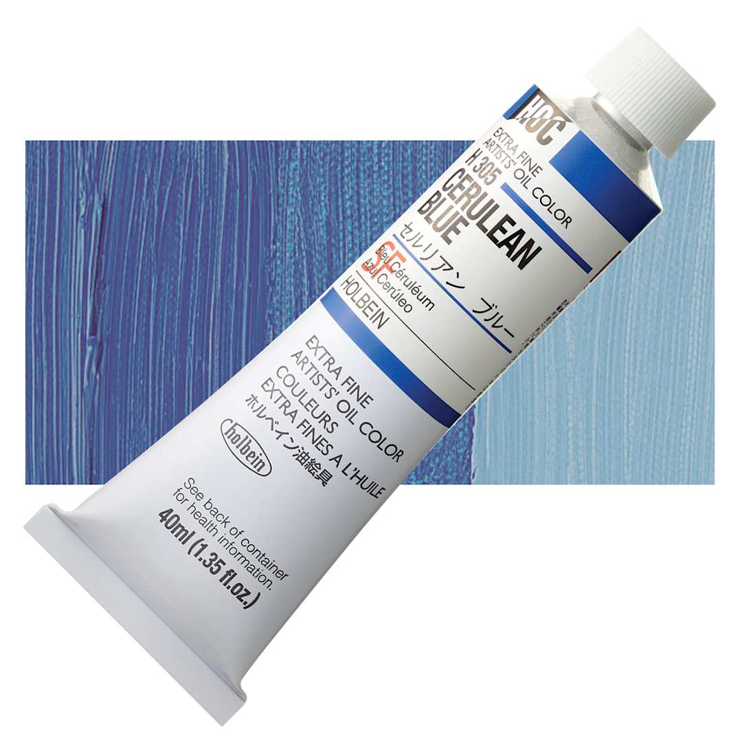 Open in modal - Holbein Artists' Oil Color - Cerulean Blue, 40 ml tube and swatch