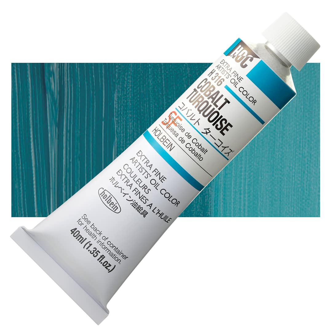 Open in modal - Holbein Artists' Oil Color - Cobalt Turquoise, 40 ml tube and swatch
