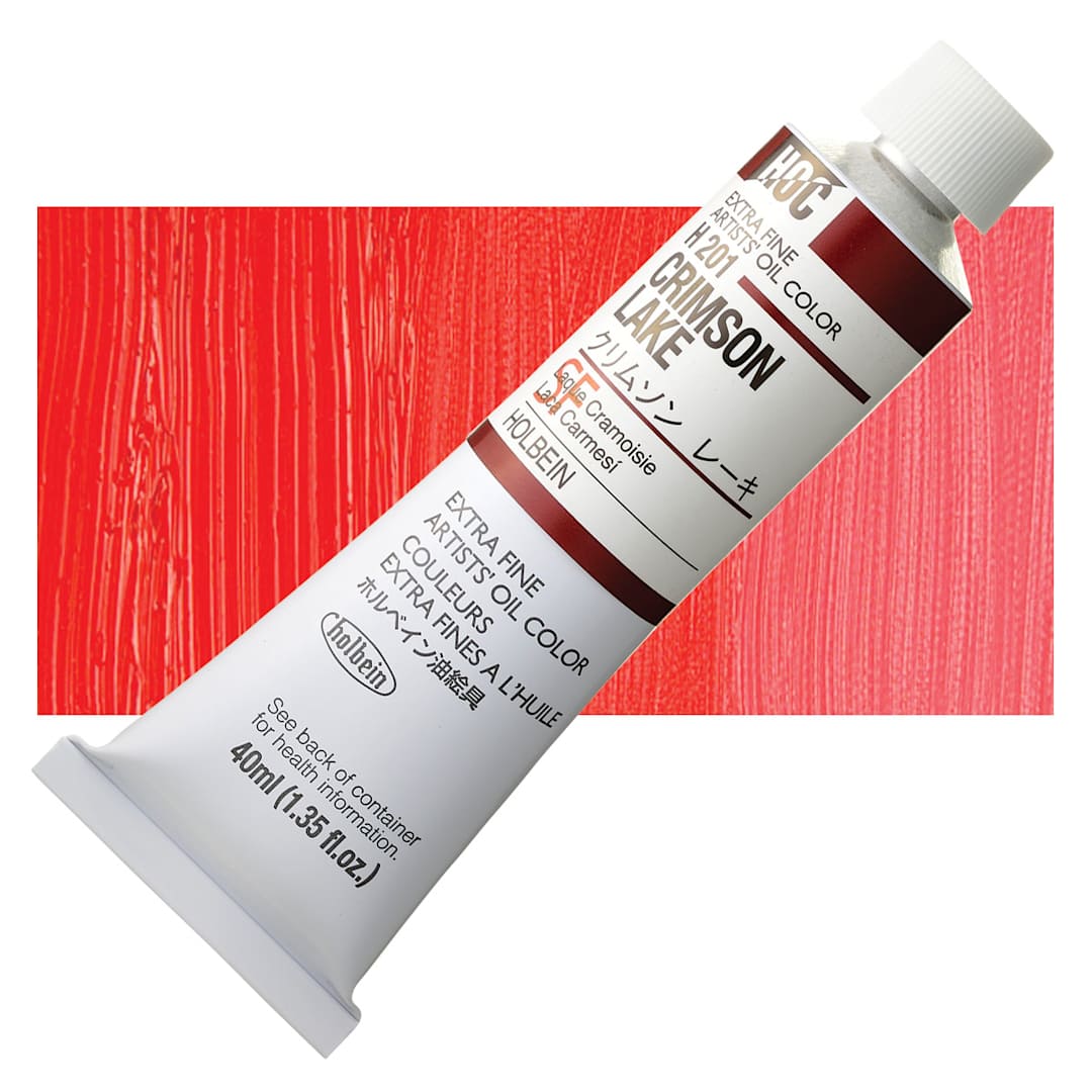 Open in modal - Holbein Artists' Oil Color - Crimson Lake, 40 ml tube and swatch