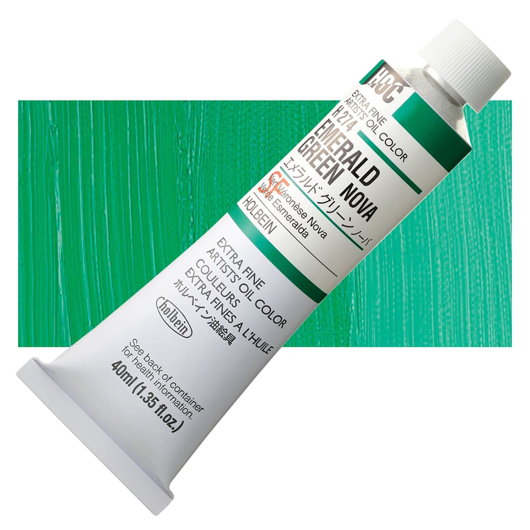 Open in modal - Holbein Artists' Oil Color - Emerald Green Nova, 40 ml tube and swatch