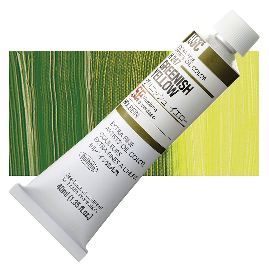 Open in modal - Holbein Artists' Oil Color - Greenish Yellow, 40 ml tube and swatch