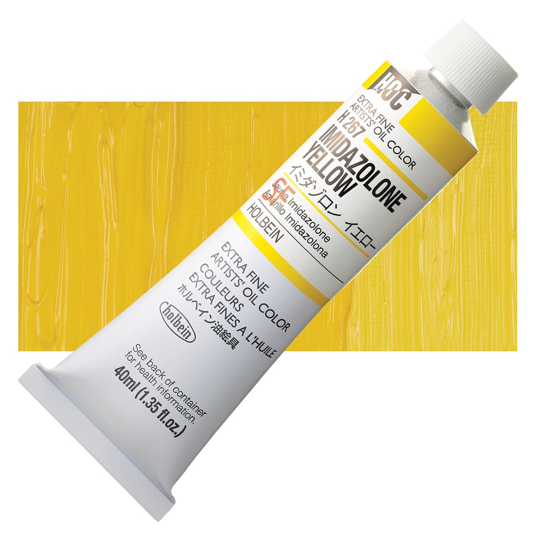 Open in modal - Holbein Artists' Oil Color - Imidazolone Yellow, 40 ml tube and swatch