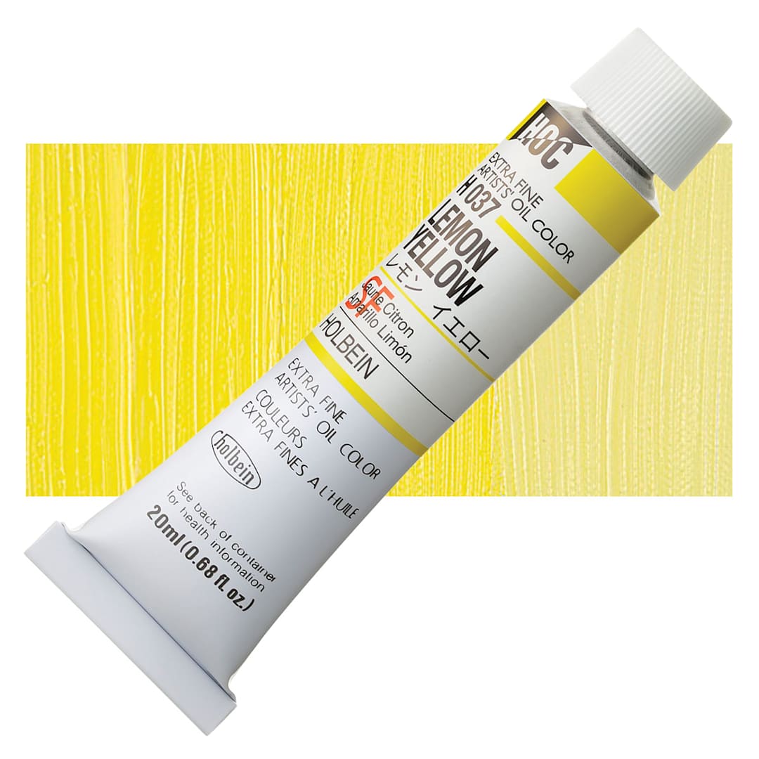Open in modal - Holbein Artists' Oil Color - Lemon Yellow, 20 ml tube and swatch