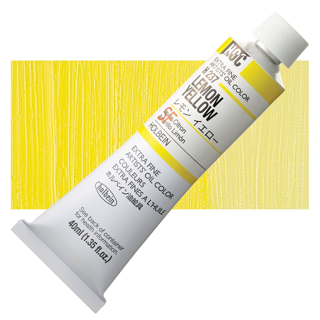 Open in modal - Holbein Artists' Oil Color - Lemon Yellow, 40 ml tube and swatch