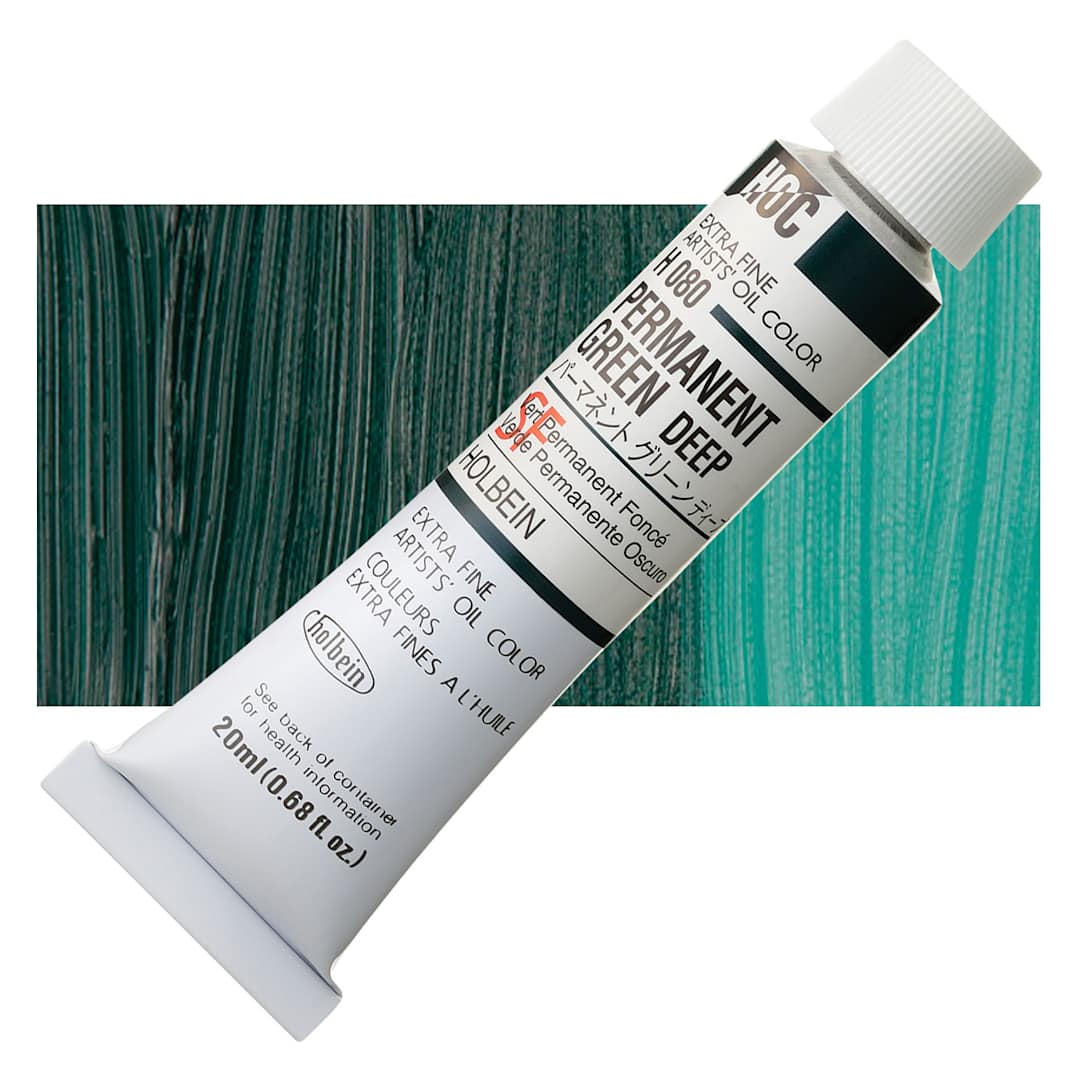 Open in modal - Holbein Artists' Oil Color - Permanent Green Deep, 20 ml tube and swatch