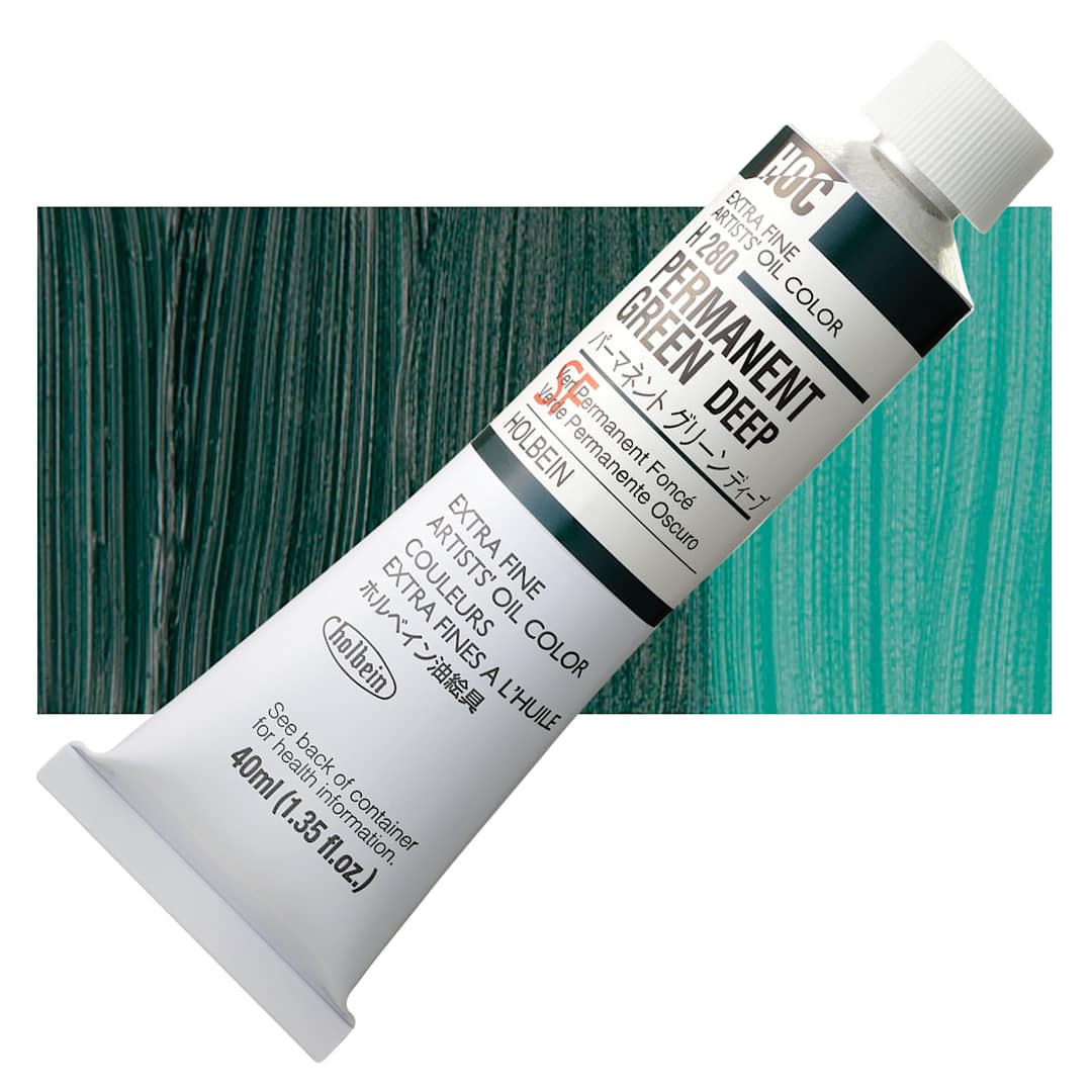 Open in modal - Holbein Artists' Oil Color - Permanent Green Deep, 40 ml tube and swatch