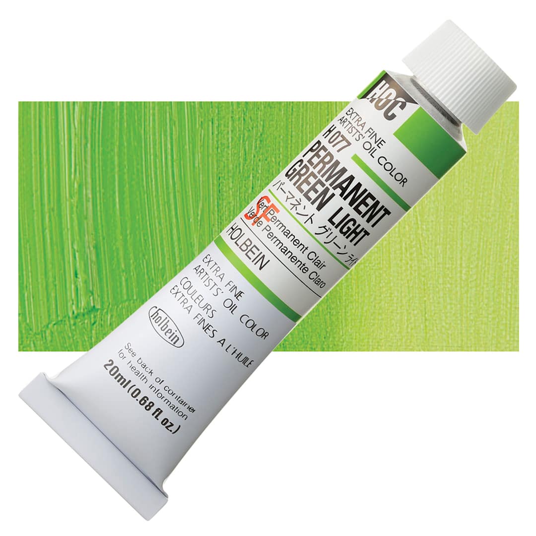 Open in modal - Holbein Artists' Oil Color - Permanent Green Light, 20 ml tube and swatch