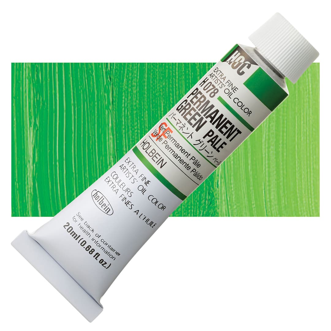 Open in modal - Holbein Artists' Oil Color - Permanent Green Pale, 20 ml tube and swatch