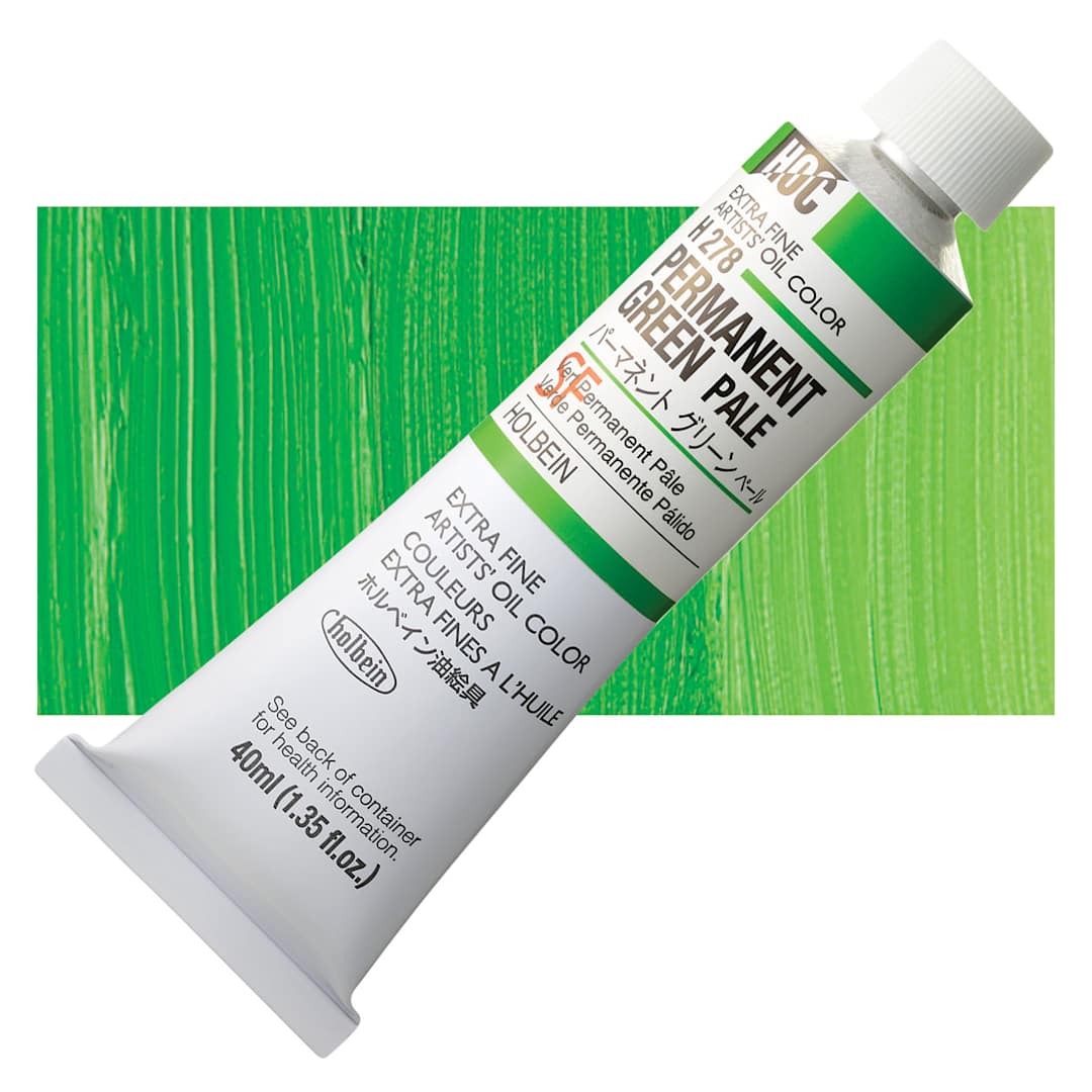 Open in modal - Holbein Artists' Oil Color - Permanent Green Pale, 40 ml tube and swatch