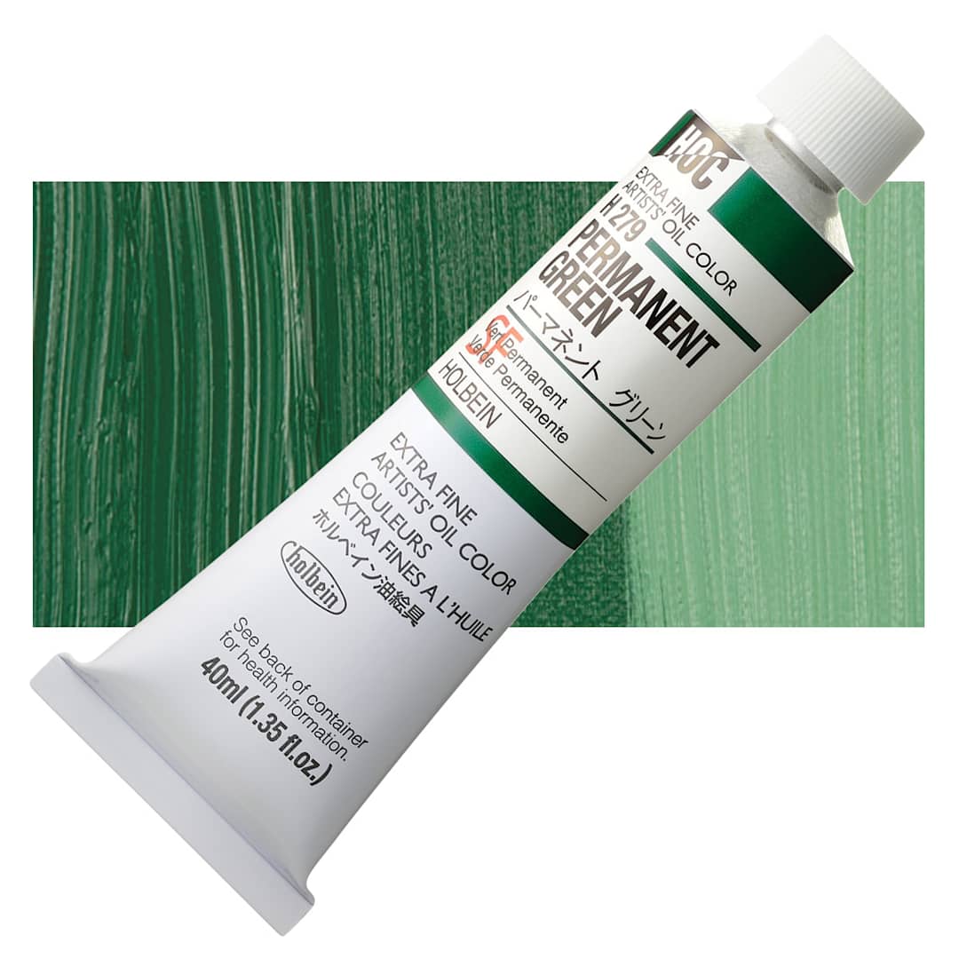 Open in modal - Holbein Artists' Oil Color - Permanent Green, 40 ml tube and swatch